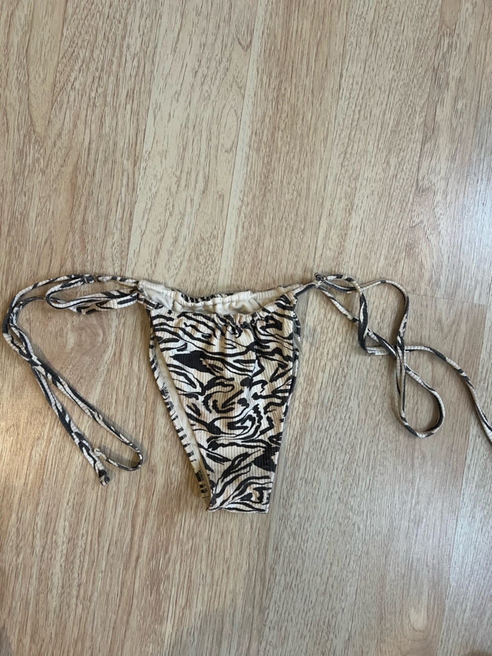 aerie Zebra-Print Cream and Black Tie-Side Bikini Bottom